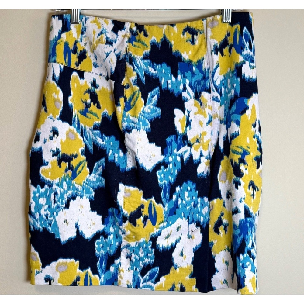 Lysse Pencil Skirt Womens M Navy Yellow Abstract Floral Stretch Lined Preppy